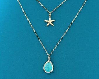 Starfish Aqua Glass Necklace Set, Gold or Silver Starfish Necklace, Ocean Inspired Layered Necklace, Beach Jewelry Gift for Her