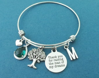 Personalized, Letter, Initial, Custom, Stone, Color, Thank you for raising the man of my dreams, Family, Tree, Heart, Silver, Bangle