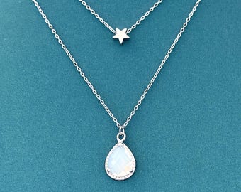 Star Opal Glass Necklace Set, Gold or Silver Star Necklace, Dainty Celestial Layered Necklace, Dreamy Jewelry Gift for Her