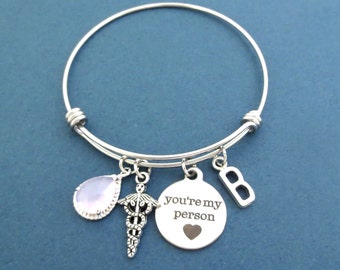 Personalized, Stone, Color and Letter, You're my person, Caduceus, Silver, Bangle, Bracelet, Birthday, Lovers, Valentine, Gift, Jewelry