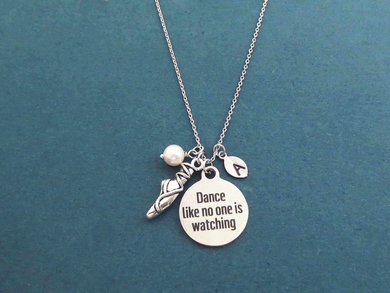 personalized, letter, initial, dance like no one is watching, toe shoes, pearl, silver, necklace, ballet, dance, gift, jewelry