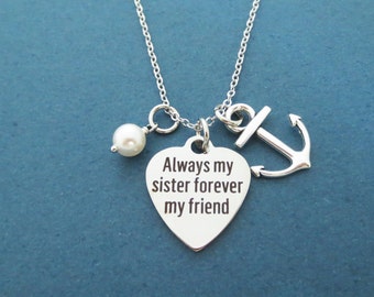 Always my sister forever my friend, Marine, Anchor, White, Pearl, Silver, Necklace, Birthday, Best friends, Friendship, Gift, Jewelry