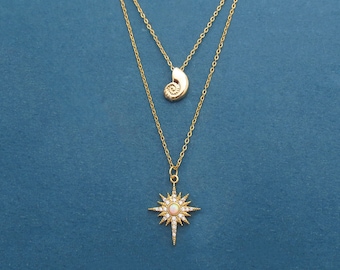Starburst necklace, Shell necklace, Starburst and Shell Combo necklace , Starburst earrings, Combo necklace, Necklace set, Set jewelry