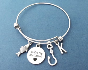 Personalized, Letter, Initial, You're my best catch, Finsh, Hook, Heart, Silver, Bangle, Bracelet, Lovers, Best friends, Gift