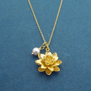 Lotus necklace, Flower necklace, White pearl necklace, Gold necklace, Yoga necklace Christmas gift, Gift for wife, Best friend gift