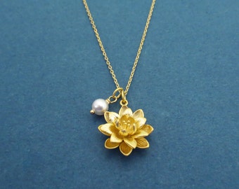 Lotus necklace, Flower necklace, White pearl necklace, Gold necklace, Yoga necklace Christmas gift, Gift for wife, Best friend gift