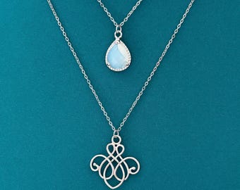Art Nouveau Opal Glass Necklace Set, Gold or Silver Layered Necklace Set, Filigree Pendant Necklace, Romantic Jewelry Gift for Her