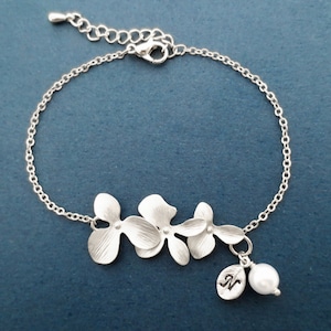 Personalizado, Letra, Inicial, Blanco, Perla, Orquídea, Flor, Oro, Plata, Pulsera, Cumpleaños, Boda, Mamá, Navidad, Regalo, Joyería