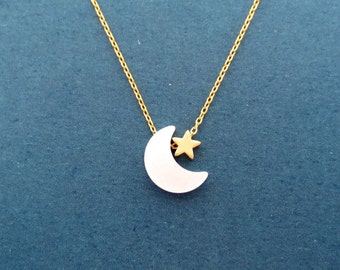 Two tone color necklace, Silver moon and gold star necklace, Half moon necklace, Star necklace, Christmas gift, New year gift