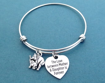 The love between Mother & Daughter is forever, Heart bracelet, Elephant bangle, Silver bracelet, Love gift, Gift for mom, Gift for daughter