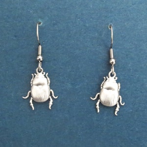 Puede incluir: Un par de pendientes plateados con forma de escarabajo. Cada pendiente presenta un dije de escarabajo detallado suspendido de un gancho. Los dijes de escarabajo tienen cuerpos texturizados y pequeñas patas. Fondo azul.