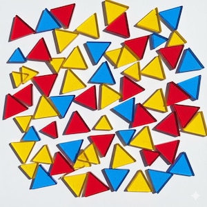 May include: A collection of colorful, translucent triangles in red, yellow, and blue scattered on a white surface. The triangles are of varying sizes and cast shadows, creating a playful, geometric pattern. Ideal for educational toys or decorative elements.