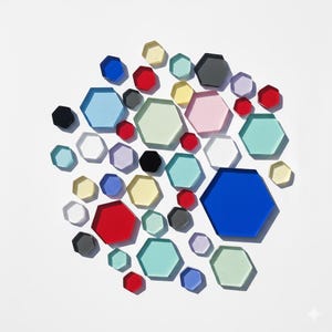 Op de afbeelding: Een verzameling kleurrijke, zeshoekige acryl stukken in verschillende maten. De stukken zijn in tinten blauw, rood, groen, roze, geel, zwart en wit, gerangschikt op een witte ondergrond. De vormen werpen schaduwen.