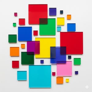 May include: A collection of multi-coloured square acrylic blocks of varying sizes, including red, blue, green, yellow, and pink. The blocks are arranged on a white background, forming a vibrant, abstract pattern.