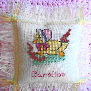 Personalized Baby Duck Cross Stitch Pillow, Hand Stitched with Baby's Name & Birthdate, Unique Baby Gift or Keepsake image 1