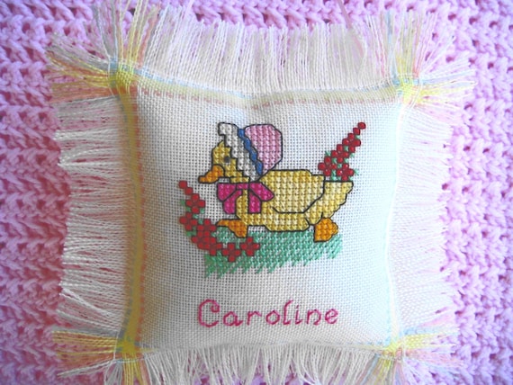 Personalized Baby Duck Cross Stitch Pillow, Hand Stitched with Baby's Name & Birthdate,  Unique Baby Gift or  Keepsake
