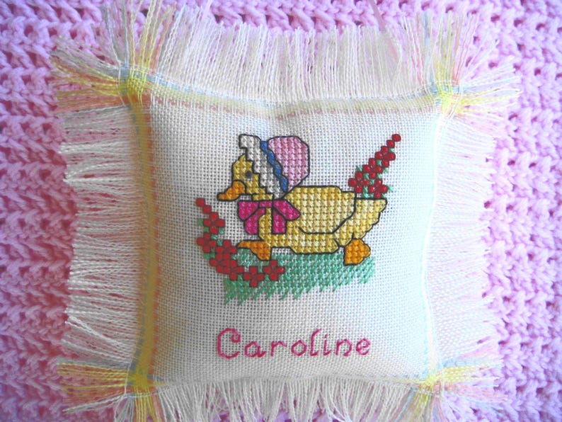 Personalized Baby Duck Cross Stitch Pillow, Hand Stitched with Baby's Name & Birthdate, Unique Baby Gift or Keepsake image 1