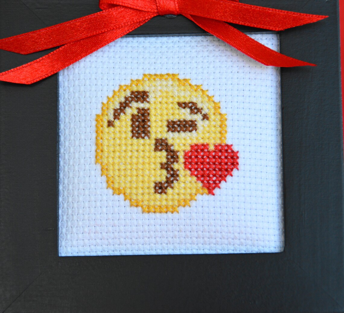 Kissing Heart and Heart Eyes Emoji Cross Stitch Handmade Etsy