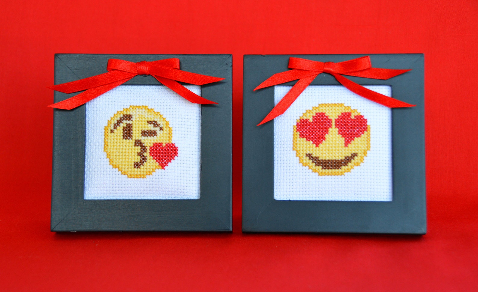 Kissing Heart and Heart Eyes Emoji Cross Stitch Handmade Etsy