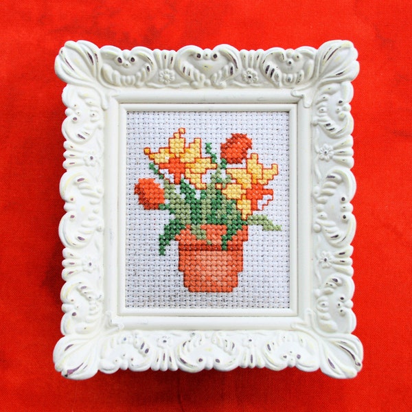 Embroidered Gift Yellow Orange Flowers Cross Stitched flower pot with personalized text