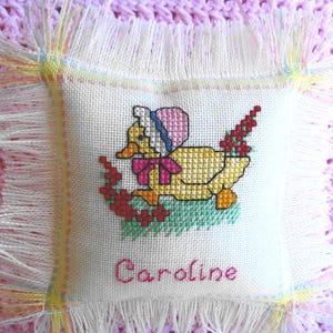 Personalized Baby Duck Cross Stitch Pillow, Hand Stitched with Baby's Name & Birthdate, Unique Baby Gift or Keepsake image 5