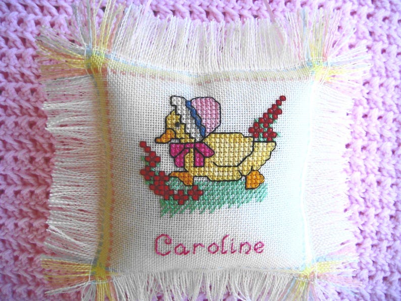 Personalized Baby Duck Cross Stitch Pillow, Hand Stitched with Baby's Name & Birthdate, Unique Baby Gift or Keepsake image 5