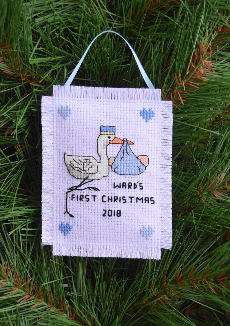 Baby Boy/'s First Christmas Handmade Cross Stitch Stork Ornament Personalized With Birth Info