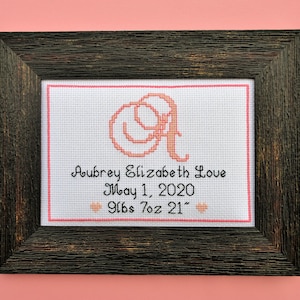 Monogrammed Initial Birth Announcement Custom 5 X 7 Framed Handmade Cross Stitch Embroidery Picture