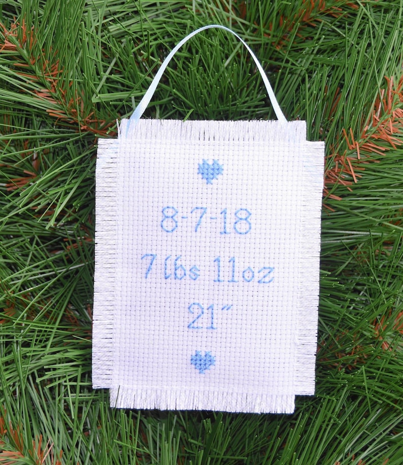 Baby Boy/'s First Christmas Handmade Cross Stitch Stork Ornament Personalized With Birth Info
