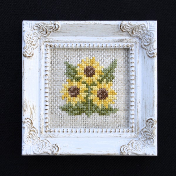 Sunflower Cross Stitch Framed 4 X 4 Handmade Picture