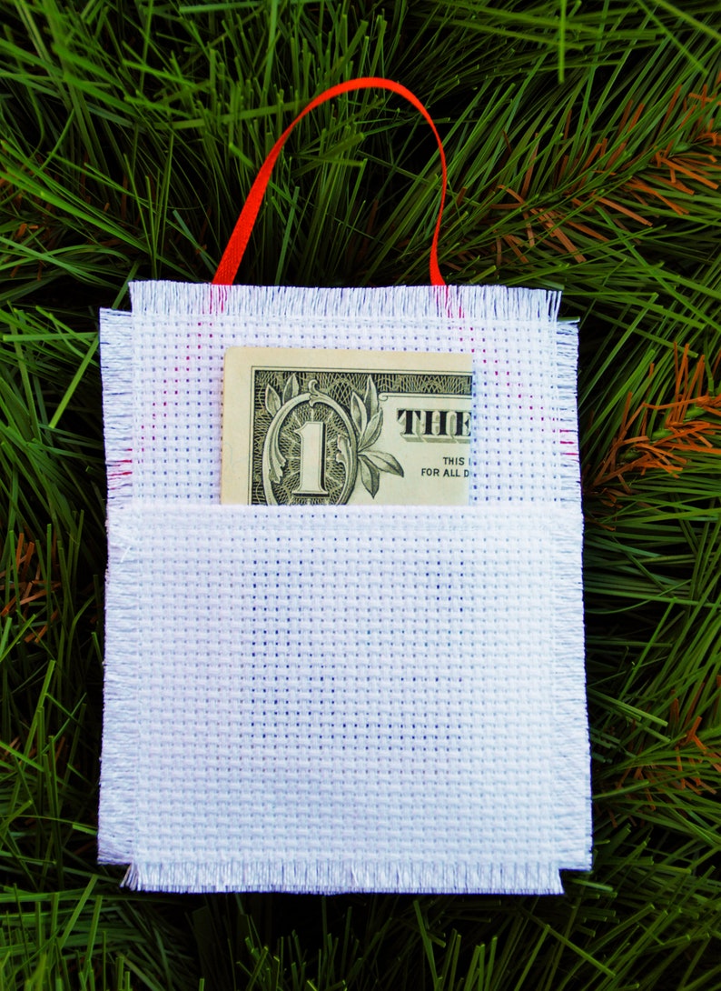 Santa Emoji Gift Card or Money Holder Christmas Ornament Custom Cross Stitch Hand Stitched Personalized