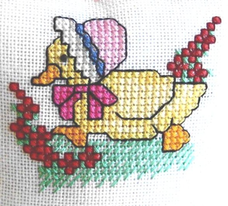 Personalized Baby Duck Cross Stitch Pillow, Hand Stitched with Baby's Name & Birthdate, Unique Baby Gift or Keepsake image 4