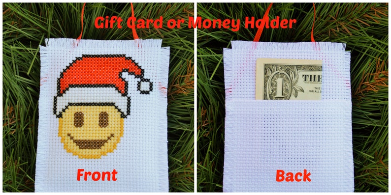 Santa Emoji Gift Card or Money Holder Christmas Ornament Custom Cross Stitch Hand Stitched Personalized
