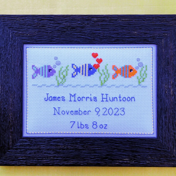 Birth Announcement Tropical Fish 5 X 7 Framed Cross Stitch Embroidery Picture Personalized Newborn