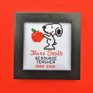 Snoopy Teacher's Gift Cross Stitch Picture With Apple Personalized With Your Text