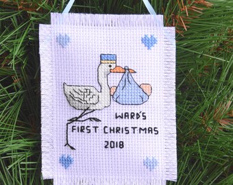Baby Boy's First Christmas Handmade Cross Stitch Stork Ornament Personalized With Birth Info