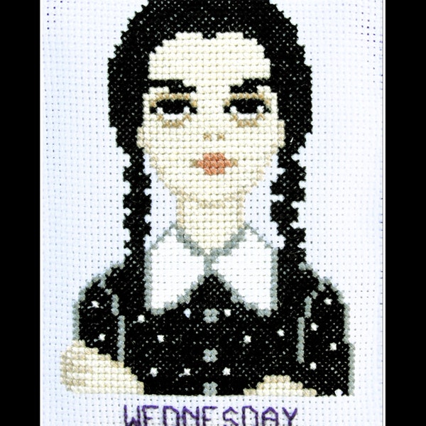 Wednesday Addams Cross Stitch Framed Picture or Christmas Ornament Handmade Custom Embroidered Personalized