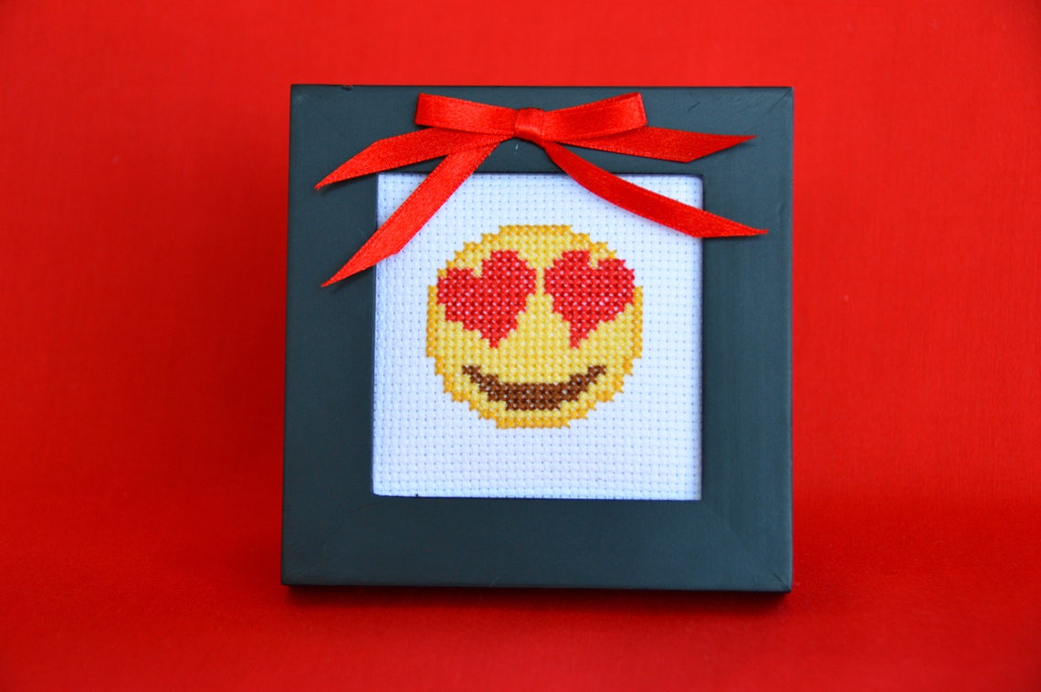 Kissing Heart and Heart Eyes Emoji Cross Stitch Handmade Etsy