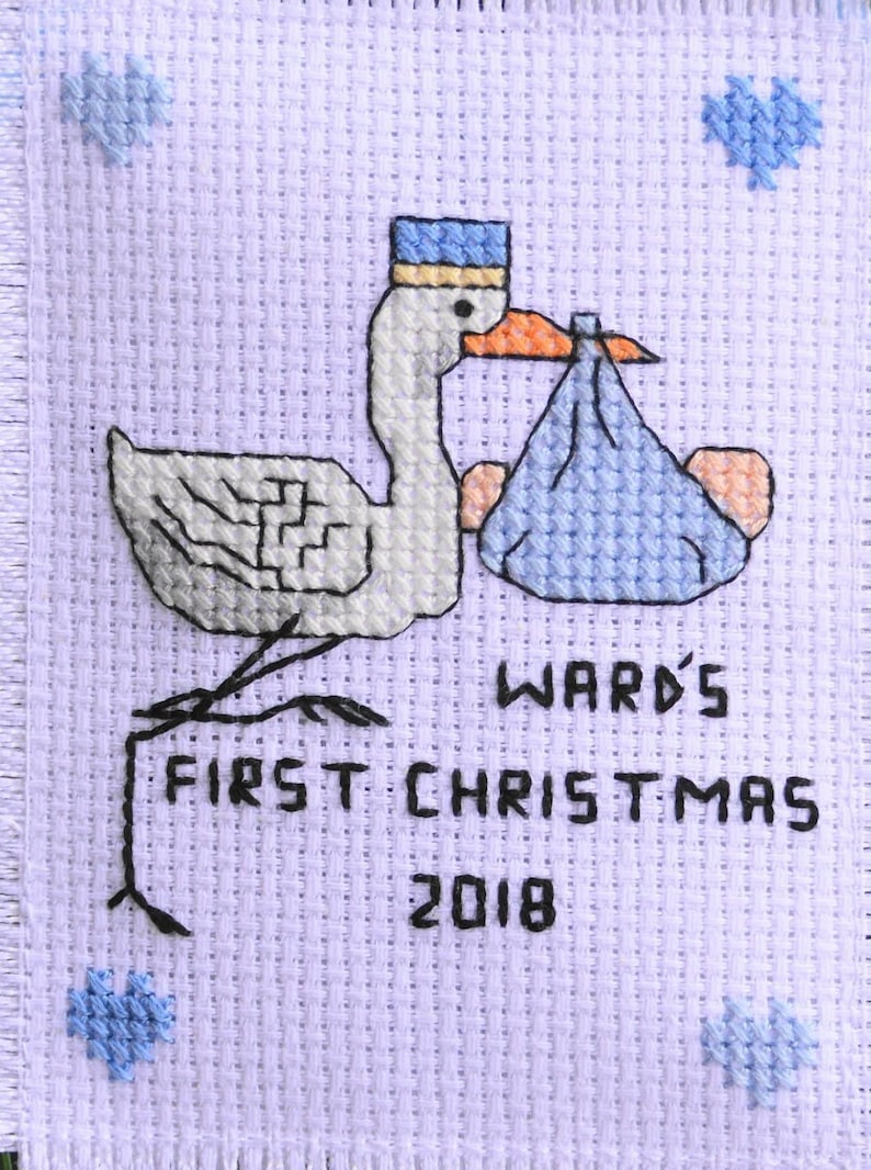 Baby Boy/'s First Christmas Handmade Cross Stitch Stork Ornament Personalized With Birth Info