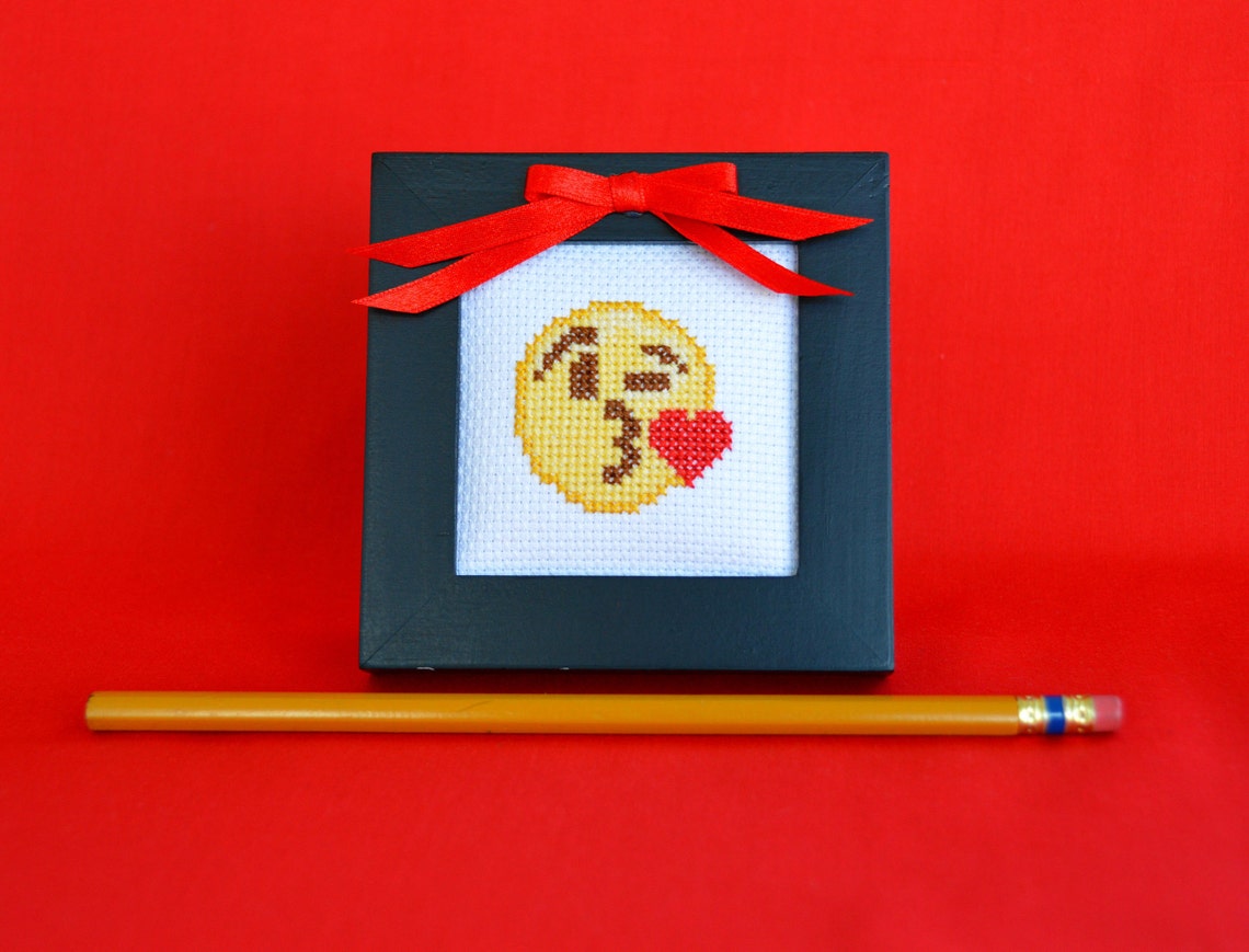 Kissing Heart and Heart Eyes Emoji Cross Stitch Handmade Etsy