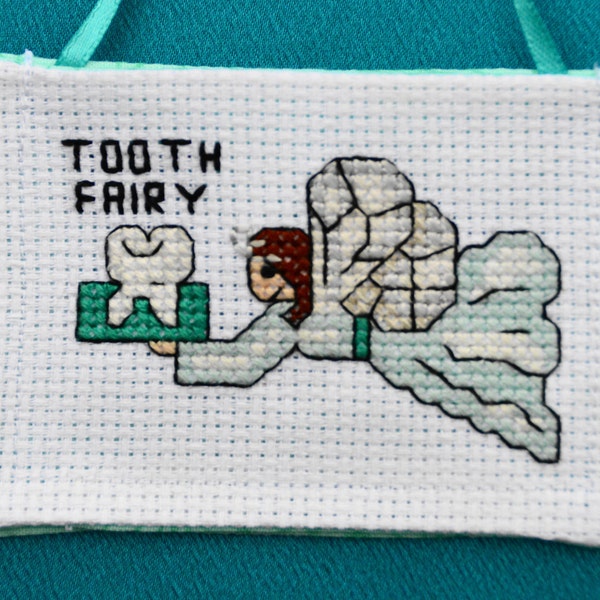 Personalized Tooth Fairy Pocket Pillow Pouch Cross Stitched Teal or Any Color