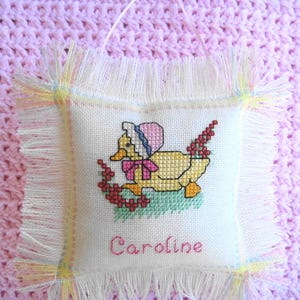 Personalized Baby Duck Cross Stitch Pillow, Hand Stitched with Baby's Name & Birthdate, Unique Baby Gift or Keepsake image 2