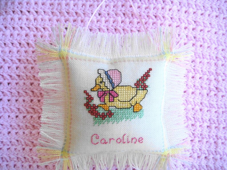 Personalized Baby Duck Cross Stitch Pillow, Hand Stitched with Baby's Name & Birthdate, Unique Baby Gift or Keepsake image 2