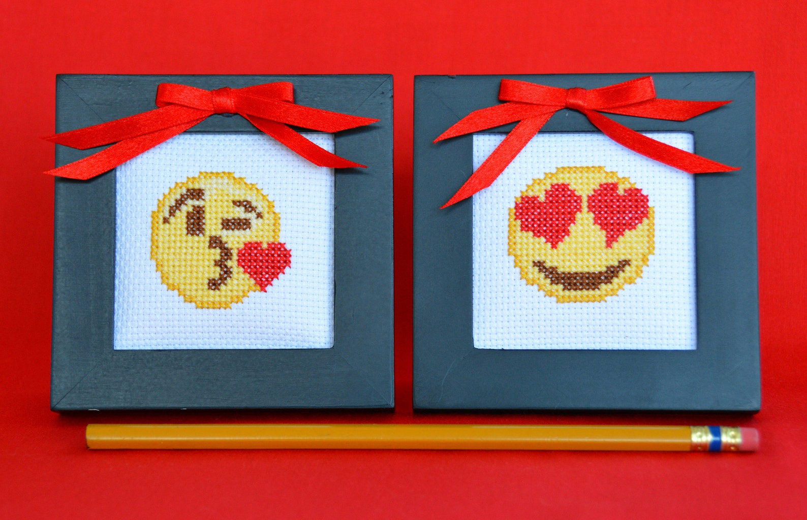 Kissing Heart and Heart Eyes Emoji Cross Stitch Handmade Etsy