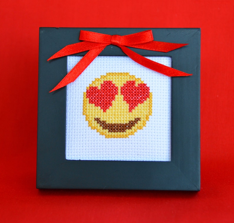 Emoji Cross Stitch Heart Eyes Emoji Handmade Embroidered Etsy