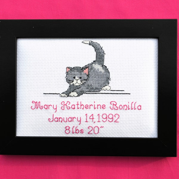Kitty Cat Birth Announcement 5 X 7 Framed Cross Stitch Embroidery Picture Personalized Newborn