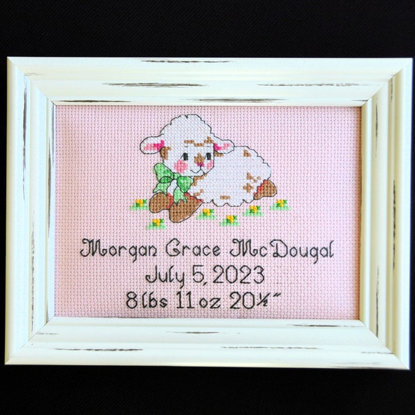 Baby Lamb Birth Announcement 5 X 7 Framed Cross Stitch Embroidery Picture Personalized Newborn