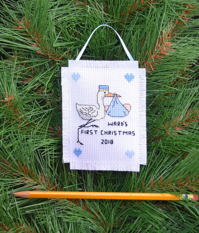 Baby Boy/'s First Christmas Handmade Cross Stitch Stork Ornament Personalized With Birth Info