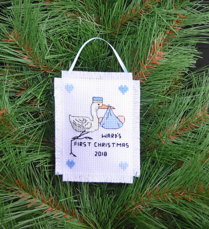 Baby Boy/'s First Christmas Handmade Cross Stitch Stork Ornament Personalized With Birth Info