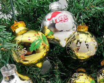 Set of 9 Baubles Mixed Silver & Gold Vintage Hanging Santa and Merry Christmas Tree Decorations. Original 1970s 1980s Festive Ornaments